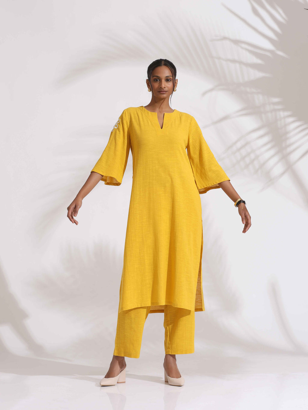 trueBrowns Yellow Cotton Slub Embroidered Straight Kurta Set | Grocsy