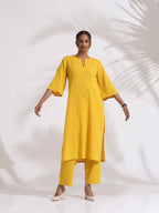 trueBrowns Yellow Cotton Slub Embroidered Straight Kurta Set | Grocsy
