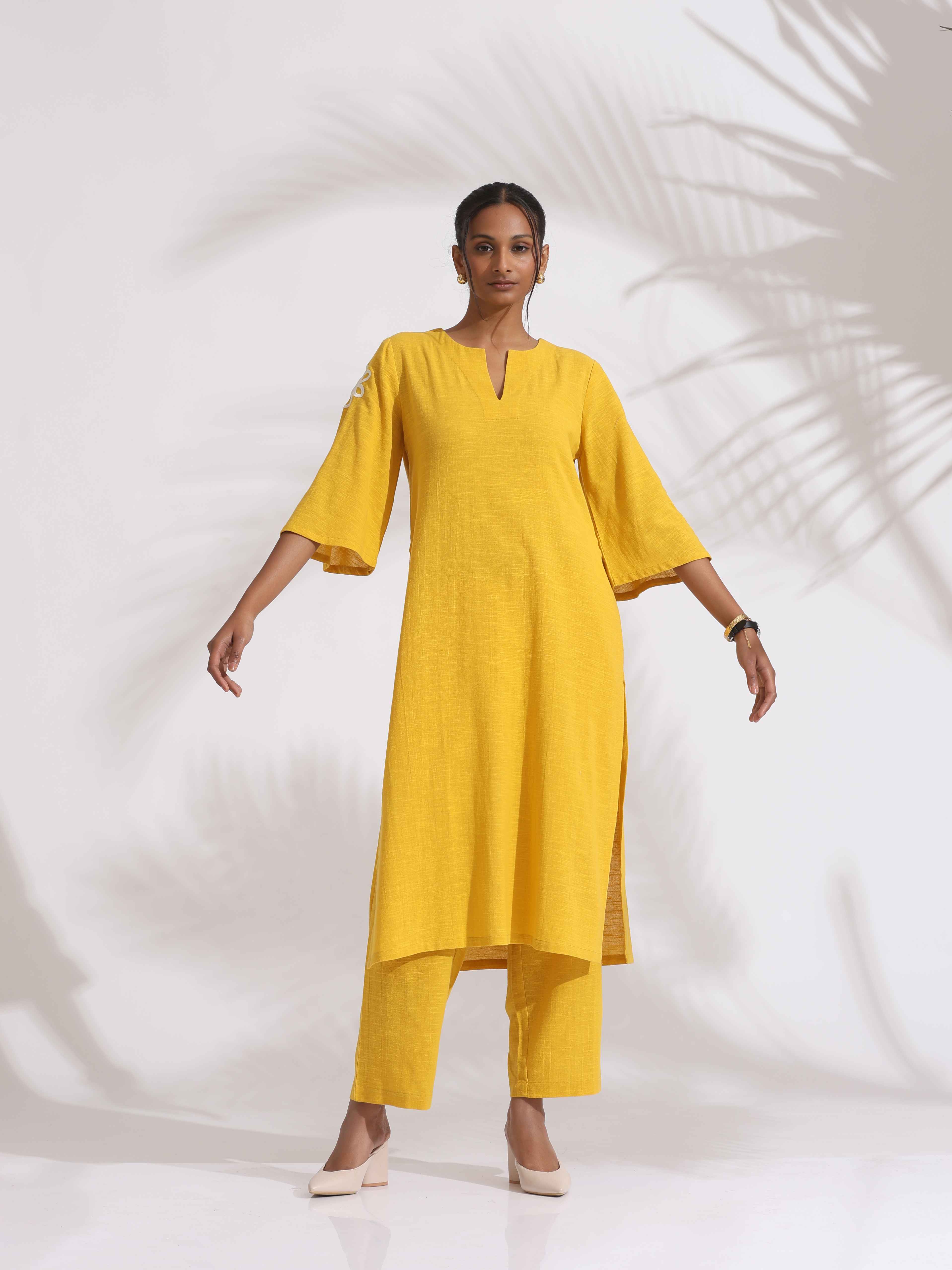 trueBrowns Yellow Cotton Slub Embroidered Straight Kurta Set | Grocsy