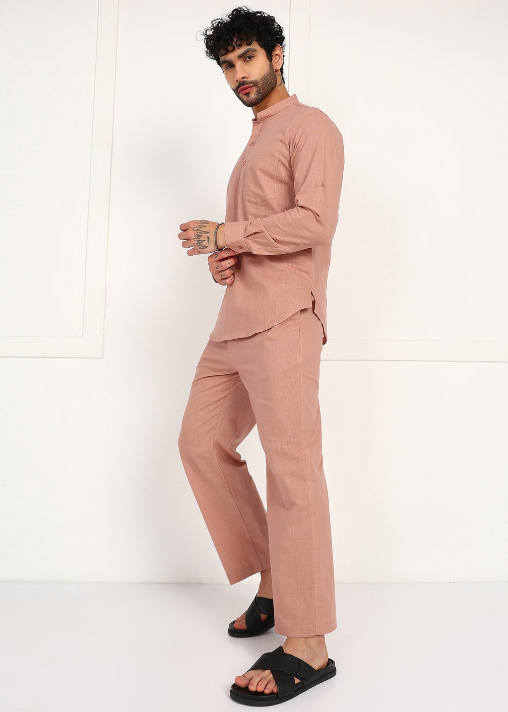 Fabmade Men’S Peach Linen Short Kurta Set | Grocsy