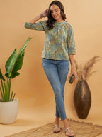 InWeave Women's Dull Green Leaf Floral Print Top | Grocsy
