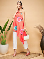 InWeave Women's Dark Orange Pink Blue Flower One Shoulder Kurta | Grocsy