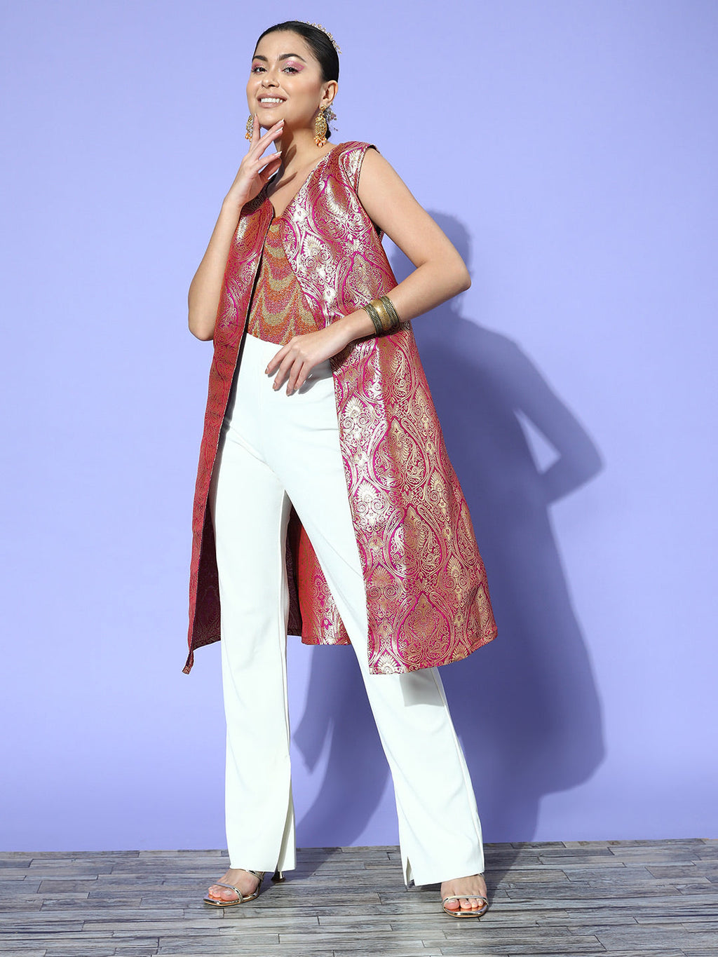 InWeave Women's Pink Brocade Jacket | Grocsy