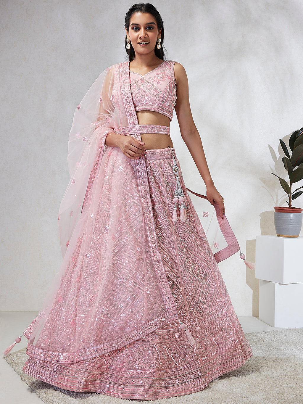House of Panchhi Pink Net Cutdana, Sequins And Zarkan Embroidery Lehenga Choli & Dupatta | Grocsy