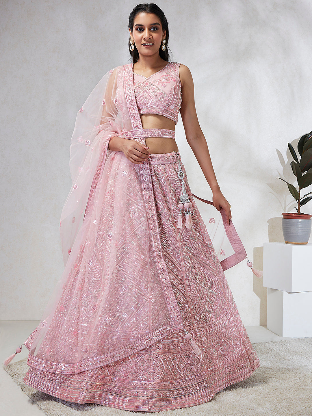 House of Panchhi Pink Net Cutdana, Sequins And Zarkan Embroidery Lehenga Choli & Dupatta | Grocsy