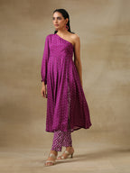 trueBrowns Purple Bandhani Printed Silk One Shoulder Kurta Pant Set | Grocsy