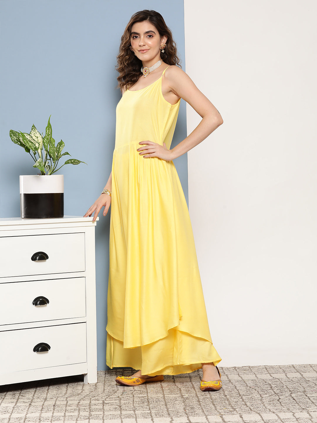 InWeave Women's Light Yellow Ray Strappy Set With Orange Floral Cotton Dupatta | Grocsy