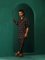 trueBrowns Men's Black Tonal Ikat Muslin Silk Printed Co-ord Set | Grocsy