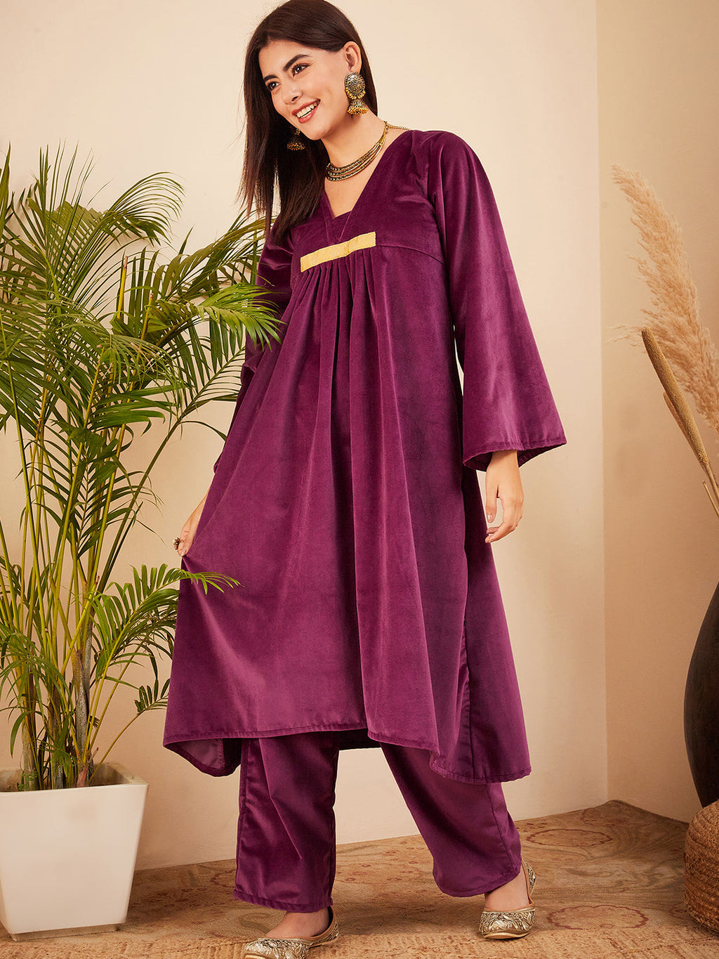 InWeave Women's Wine V Neck Asymmetrical Pleated Velvet Kurta Set | Grocsy