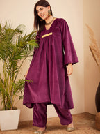 InWeave Women's Wine V Neck Asymmetrical Pleated Velvet Kurta Set | Grocsy