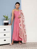 InWeave Women's Light Pink Ray Strappy Set With Red Big Floral Cotton Dupatta | Grocsy
