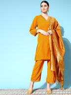 InWeave Women's Mustard Velvet Kurta Set With Mustard Gold Dupatta | Grocsy