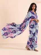 trueBrowns Blue Purple Muslin Ikat Saree | Grocsy