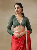 trueBrowns Dark Green Bandhani Printed Silk Full Sleeve Blouse | Grocsy