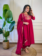 The52 Women's Gorgeous Vichitra Silk Embroidery Flared Kurta with Palazzo And Dupatta Set | Grocsy