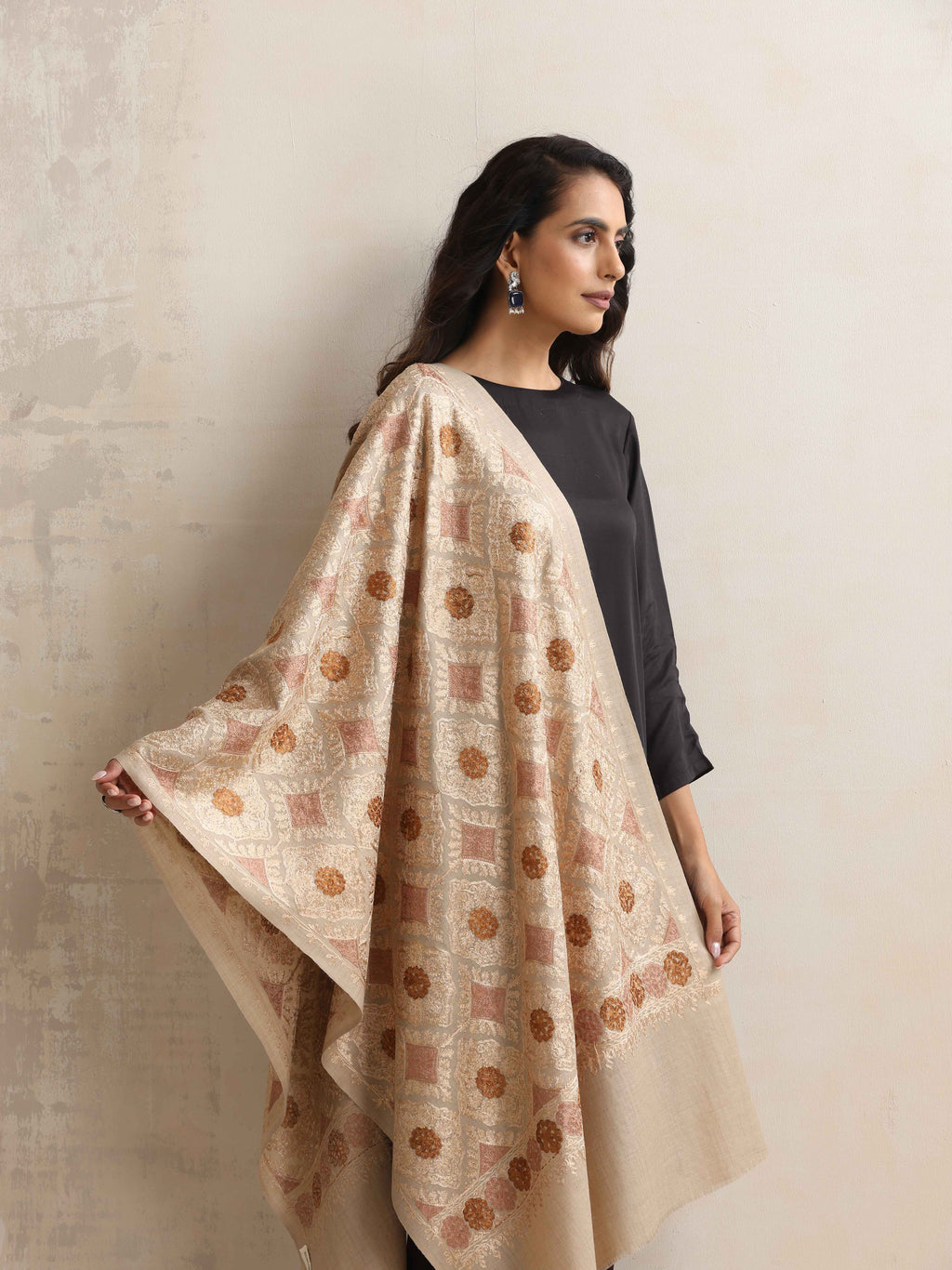 trueBrowns Beige Geometric Embroidered Woollen Stole | Grocsy
