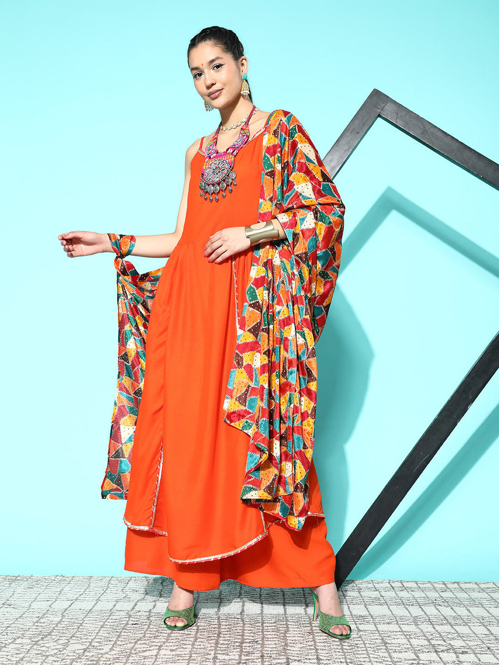 InWeave Women's Orange Red Gota Strappy Set With Multi Foil Muslin Dupatta | Grocsy