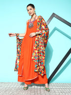 InWeave Women's Orange Red Gota Strappy Set With Multi Foil Muslin Dupatta | Grocsy