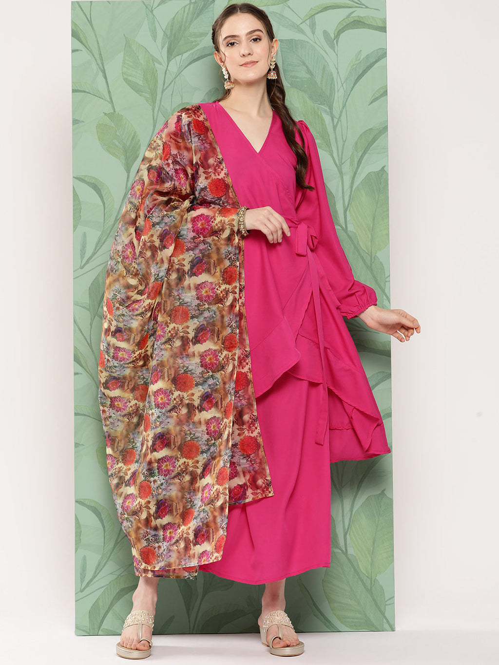 InWeave Women's Magenta Tie Up Kurta Set W Camel Brown Or Dupatta | Grocsy
