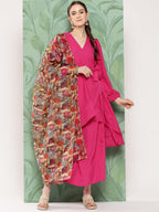 InWeave Women's Magenta Tie Up Kurta Set W Camel Brown Or Dupatta | Grocsy
