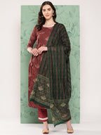 InWeave Women's Long Kurta Set Rust Ajrakh With Green Ajrakh Dupatta | Grocsy