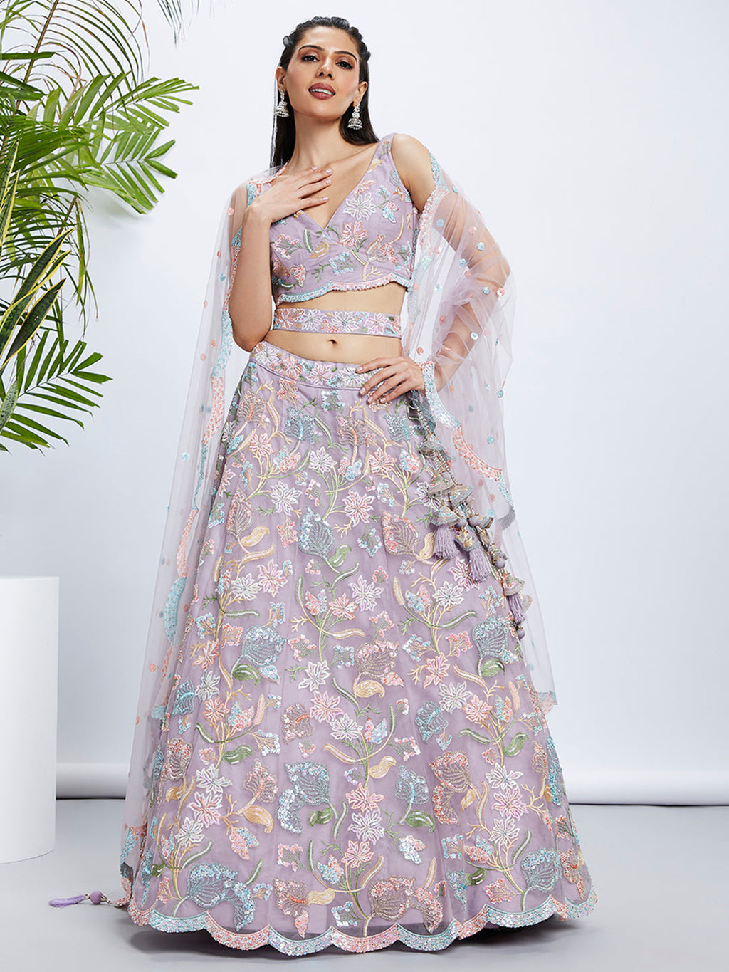 House of Panchhi Pink Chiffon Sequins And Thread Embroidery Lehenga Choli & Printed Dupatta | Grocsy