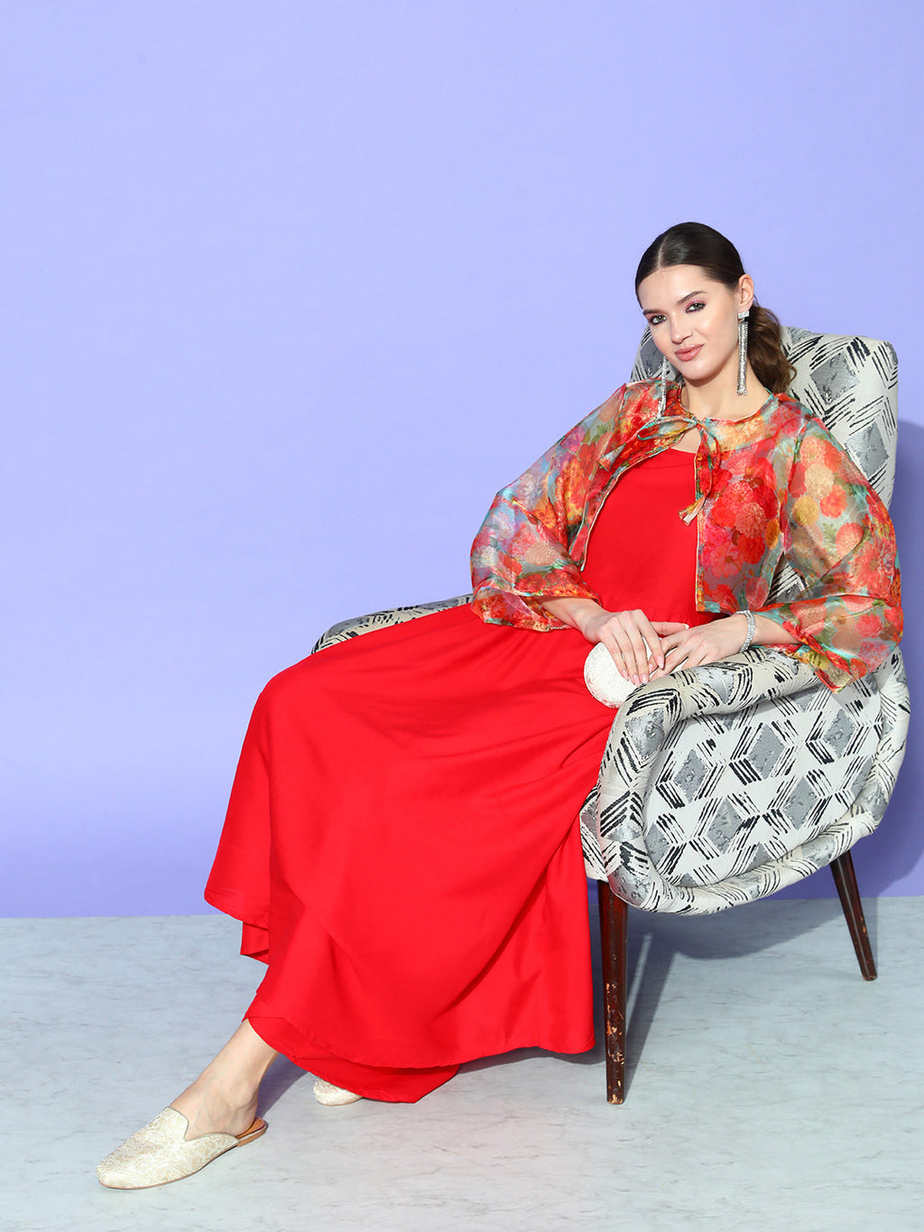 InWeave Women's Red Strappy Set With Green Floral Short Organza Cape | Grocsy
