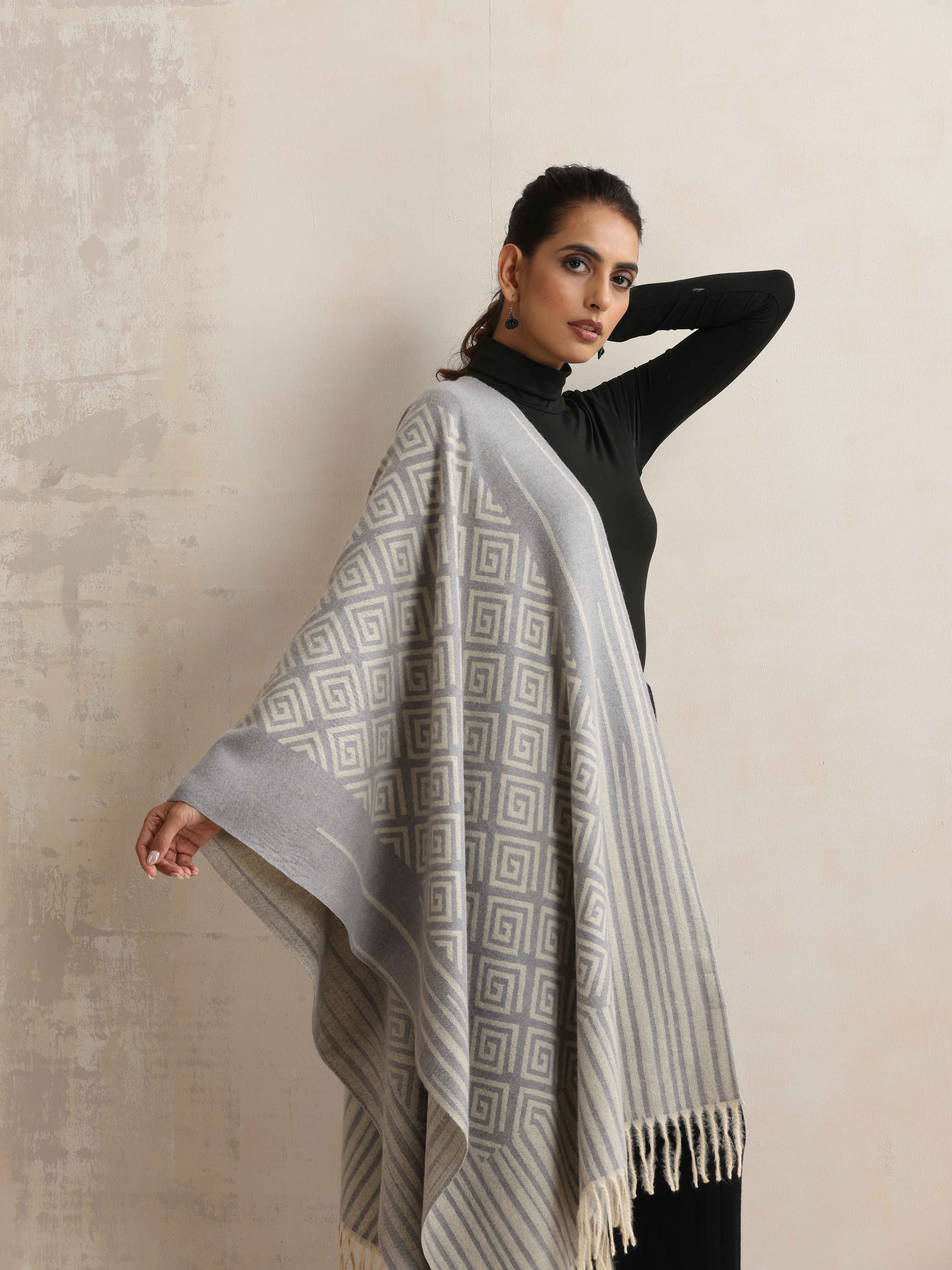 trueBrowns Grey Geometric Woollen Stole | Grocsy