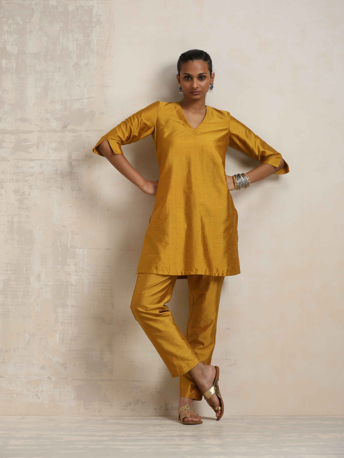 trueBrowns Gold Silk Kurta Co-ord Set | Grocsy
