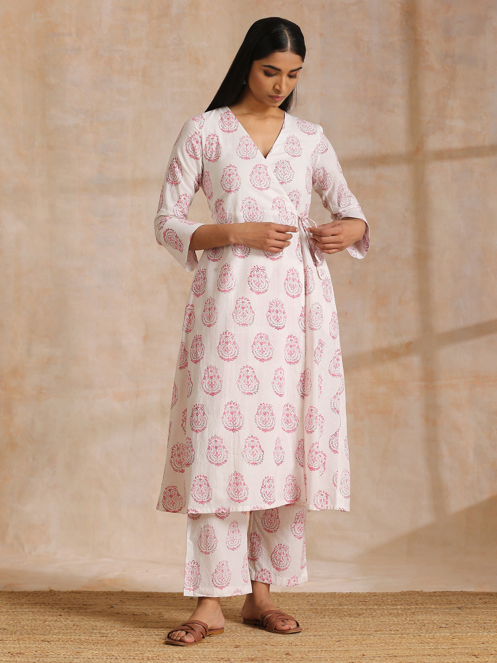 trueBrowns Pink Big Buta On White Print Cotton Angrakha Kurta Pant Set | Grocsy