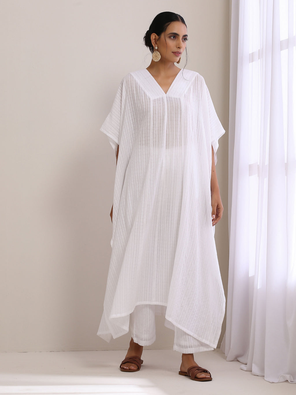trueBrowns White Dobby Panel Kaftan Kurta Pant Set | Grocsy