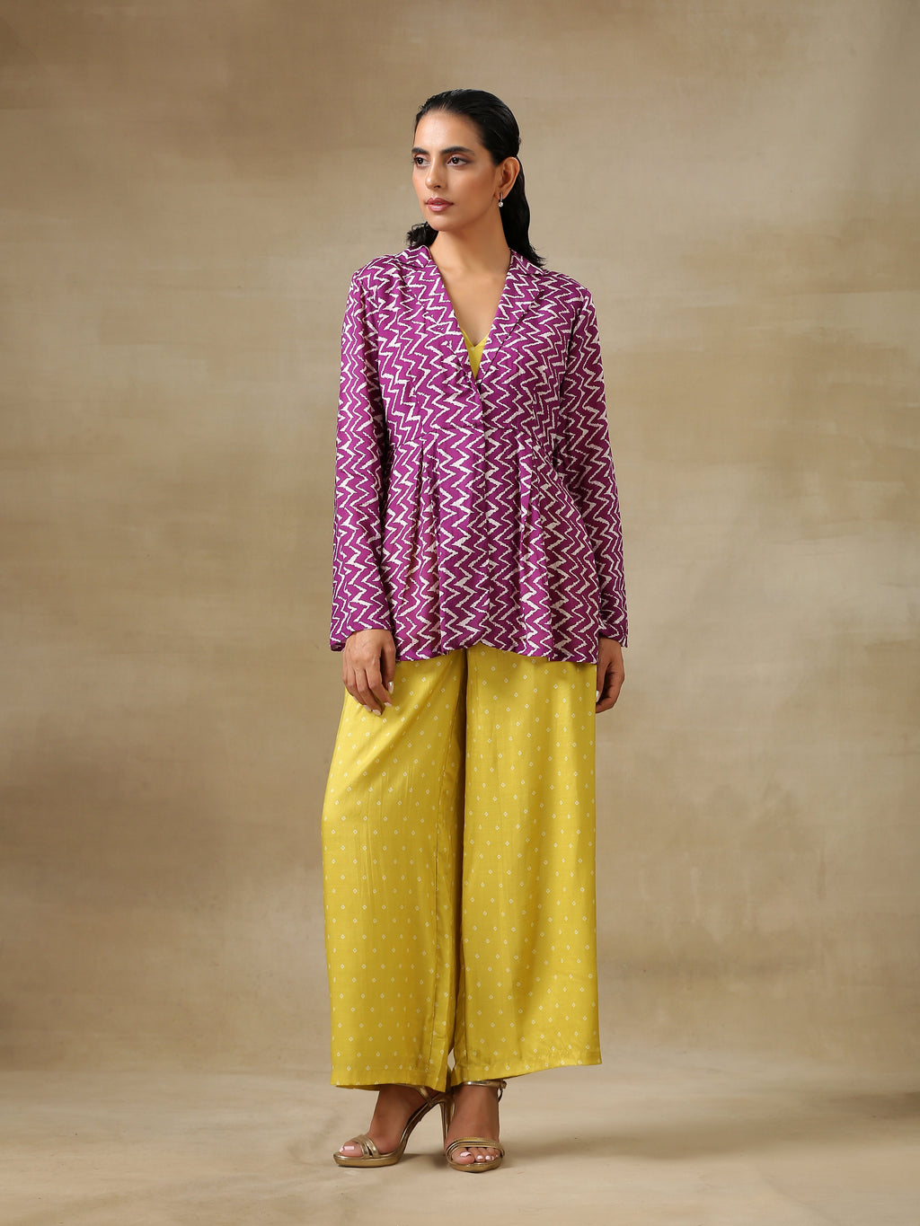 trueBrowns Lime Green Bandhani Printed Silk Top Pant with Purple Printed Jacket Set | Grocsy