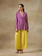 trueBrowns Lime Green Bandhani Printed Silk Top Pant with Purple Printed Jacket Set | Grocsy