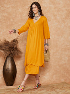 InWeave Women's Mustard Lurex Flared V Neck Kurta Palazzo Set | Grocsy