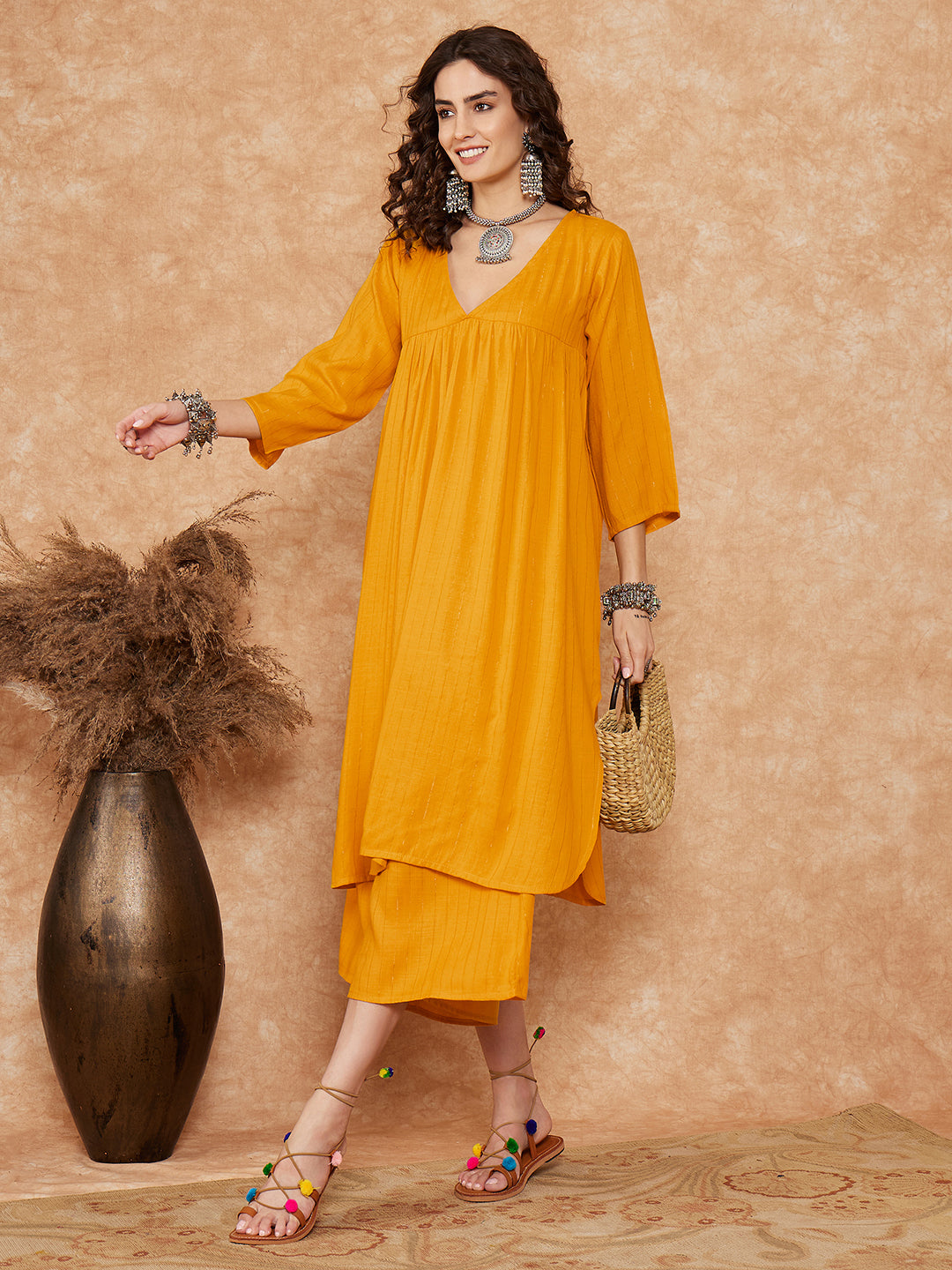 InWeave Women's Mustard Lurex Flared V Neck Kurta Palazzo Set | Grocsy