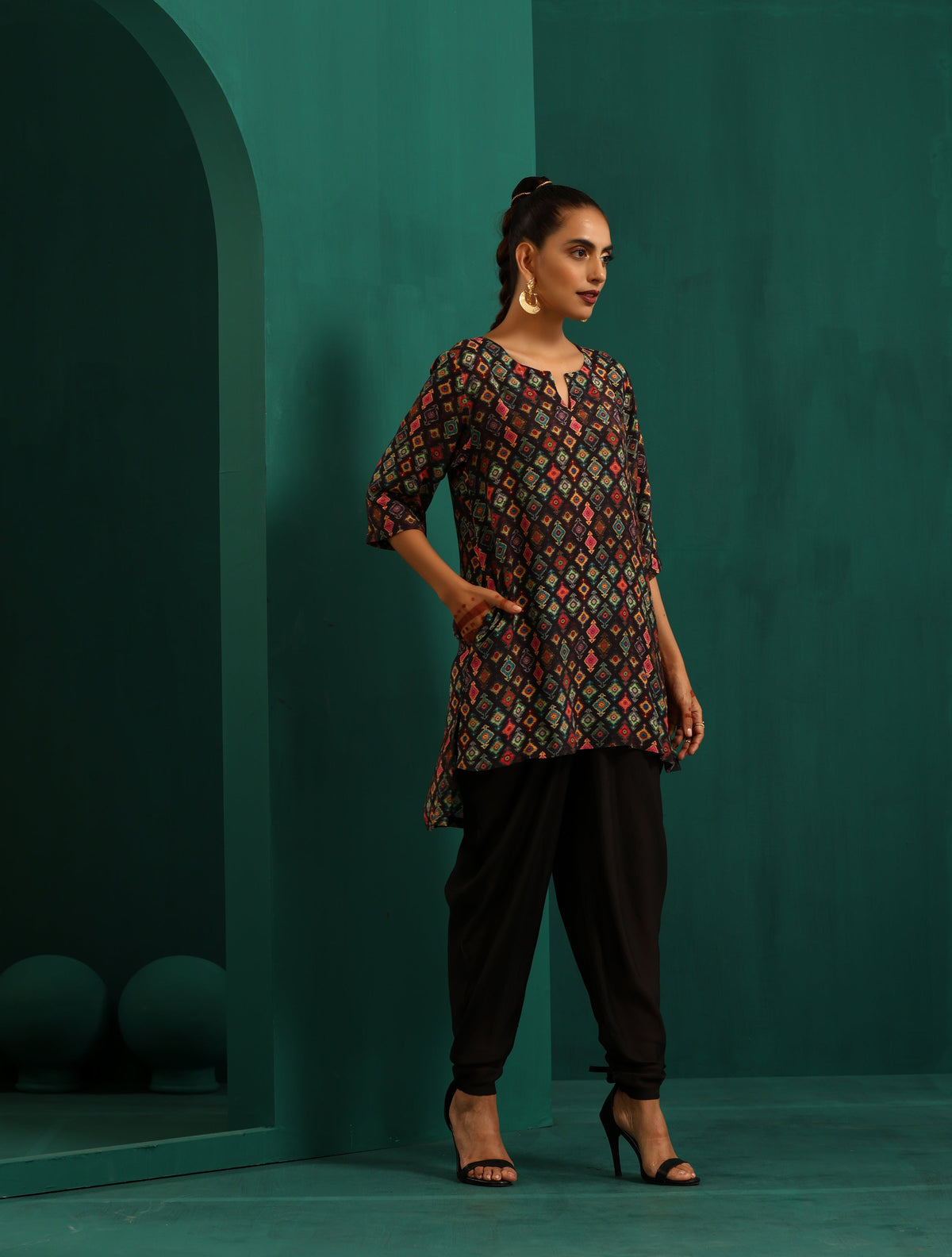 trueBrowns Black Ikat Muslin Silk Printed High Low Co-ord Set | Grocsy