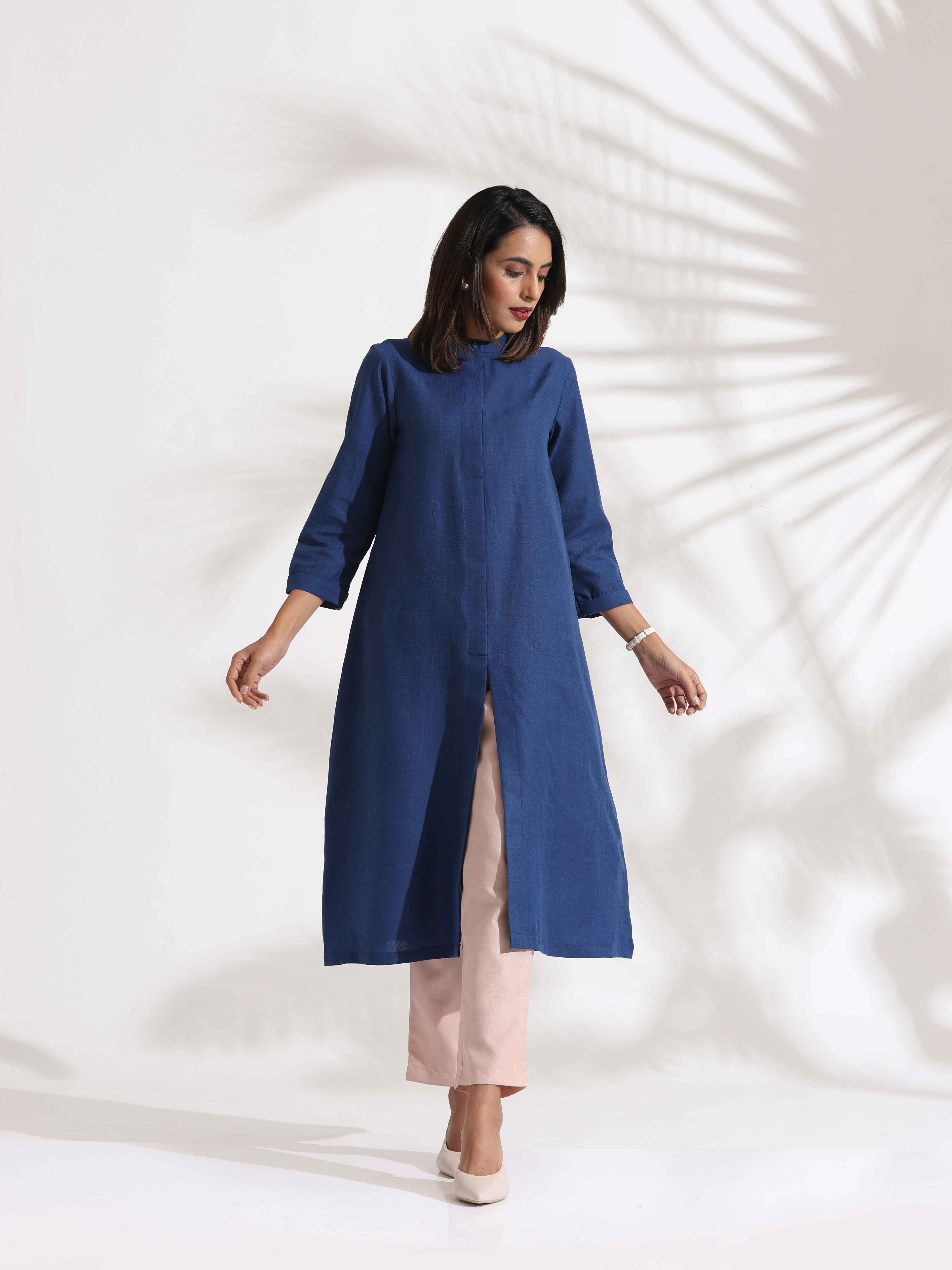 trueBrowns Blue Slub Kurta Set | Grocsy