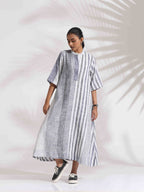 trueBrowns Off-White Cotton Multi Stripe Flared Dress | Grocsy