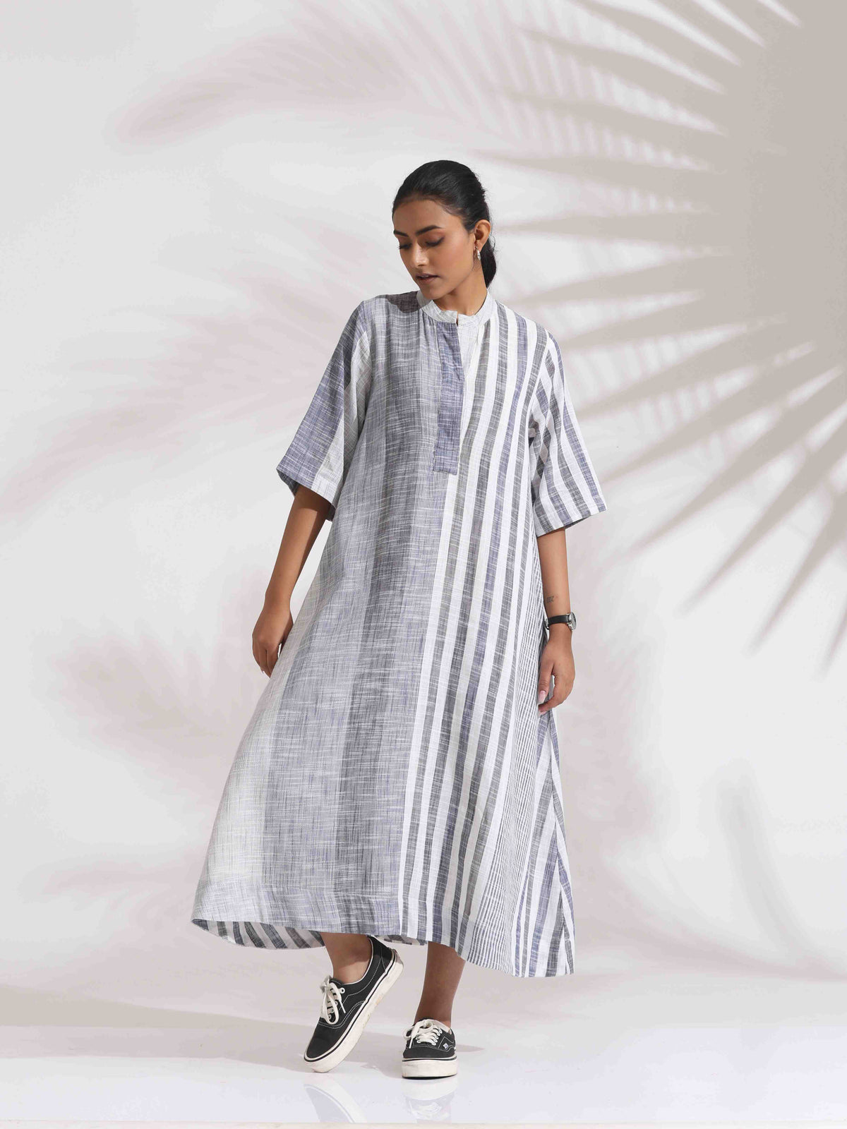 trueBrowns Off-White Cotton Multi Stripe Flared Dress | Grocsy