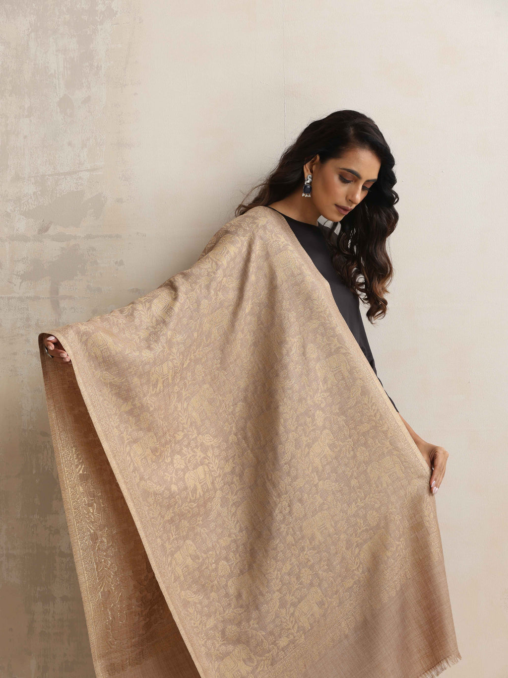 trueBrowns Brown Floral Jaal Woollen Stole | Grocsy