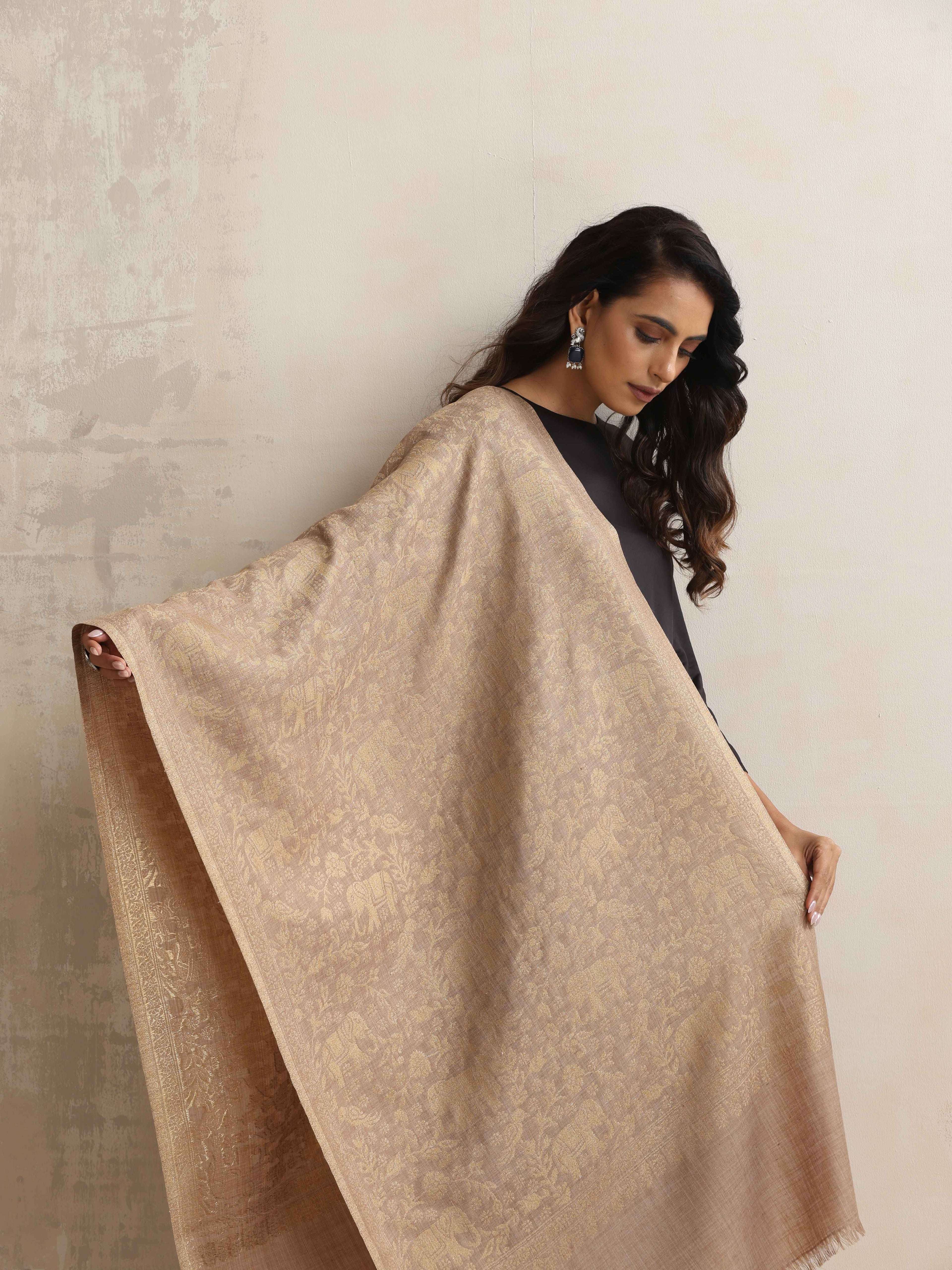 trueBrowns Brown Floral Jaal Woollen Stole | Grocsy