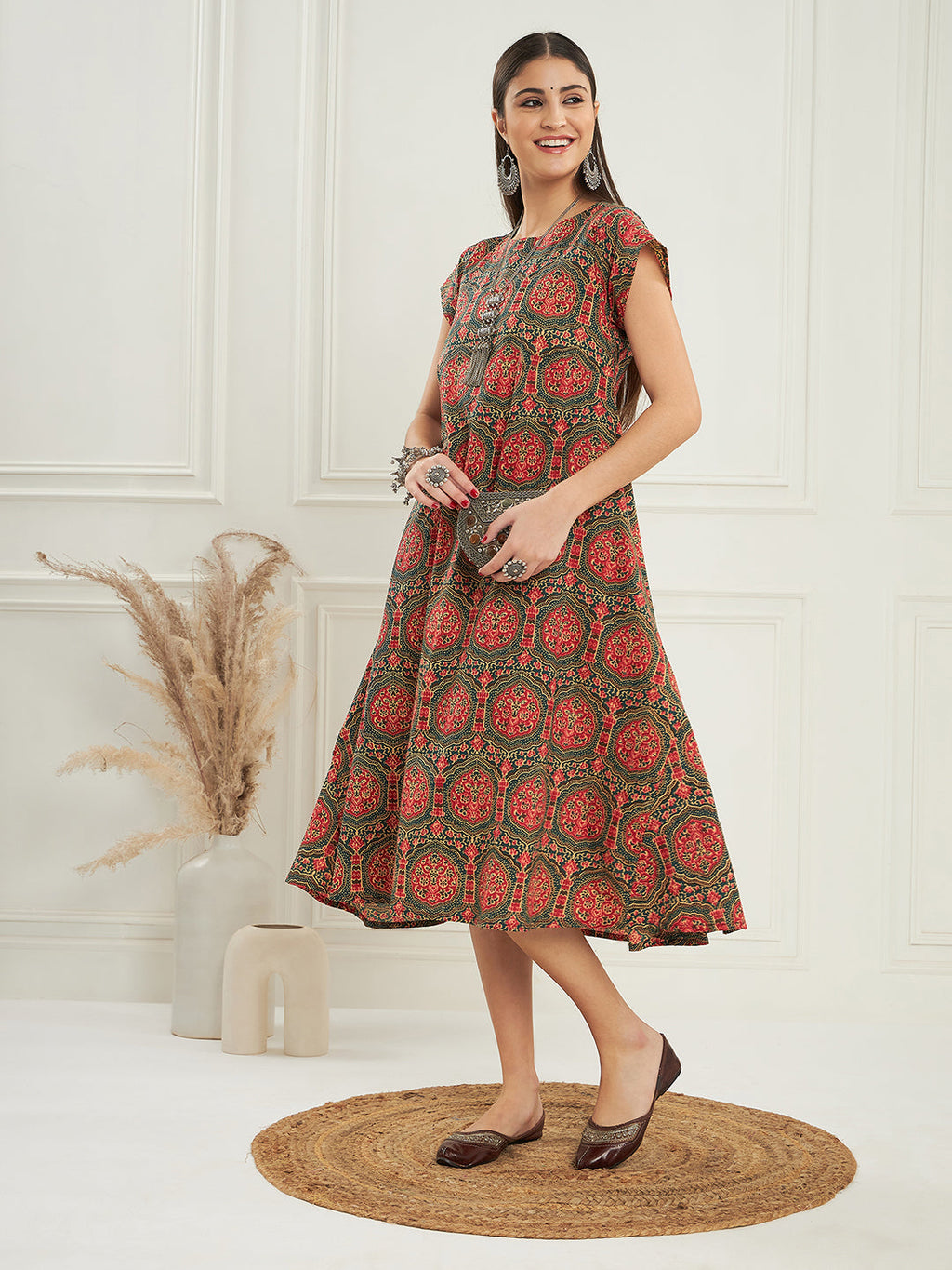 InWeave Women's Green Red Mughal Kalamkari A Line Dress | Grocsy