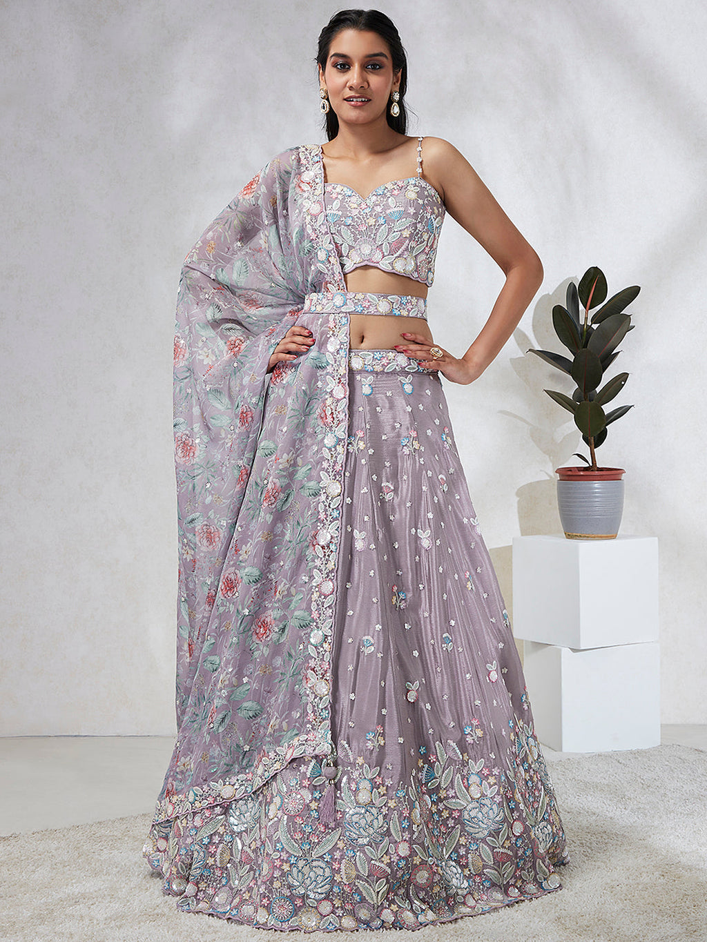 House of Panchhi Mauve Chiffon Sequins And Thread Embroidery Lehenga Choli & Dupatta | Grocsy