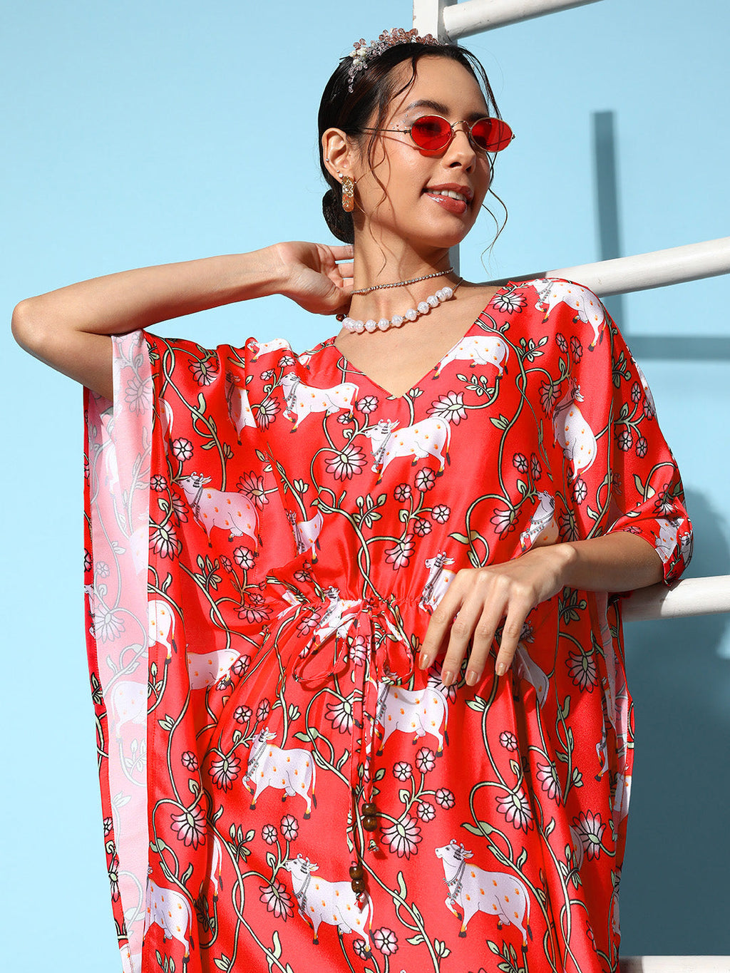 InWeave Women's Bright Pink Indian Bull Print Kaftan | Grocsy