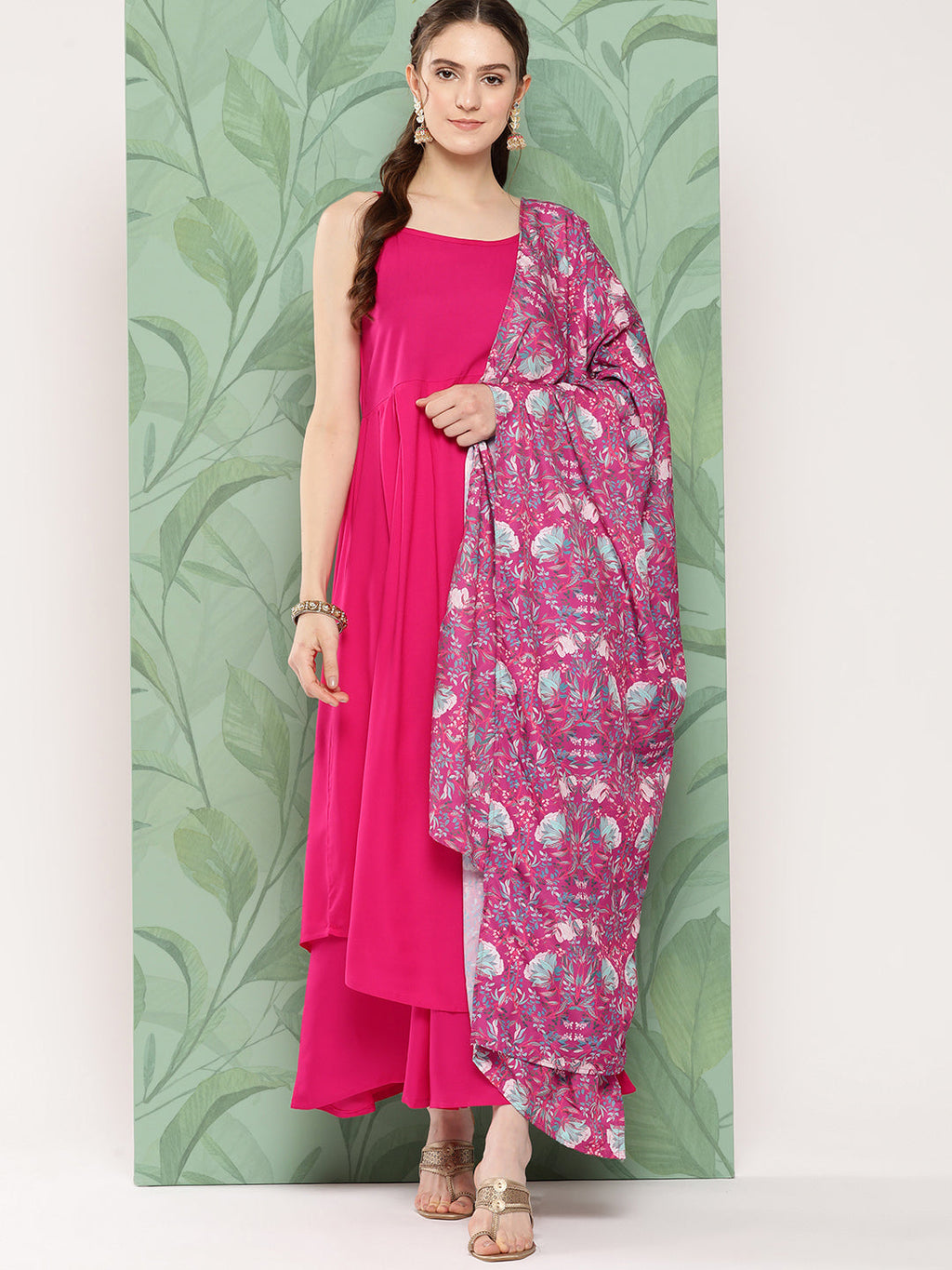 InWeave Women's Fuchsia Strappy Set W Magenta Camelia Cr Dupatta | Grocsy