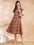InWeave Women's Maroon Mughal Kalamkari A Line Dress | Grocsy