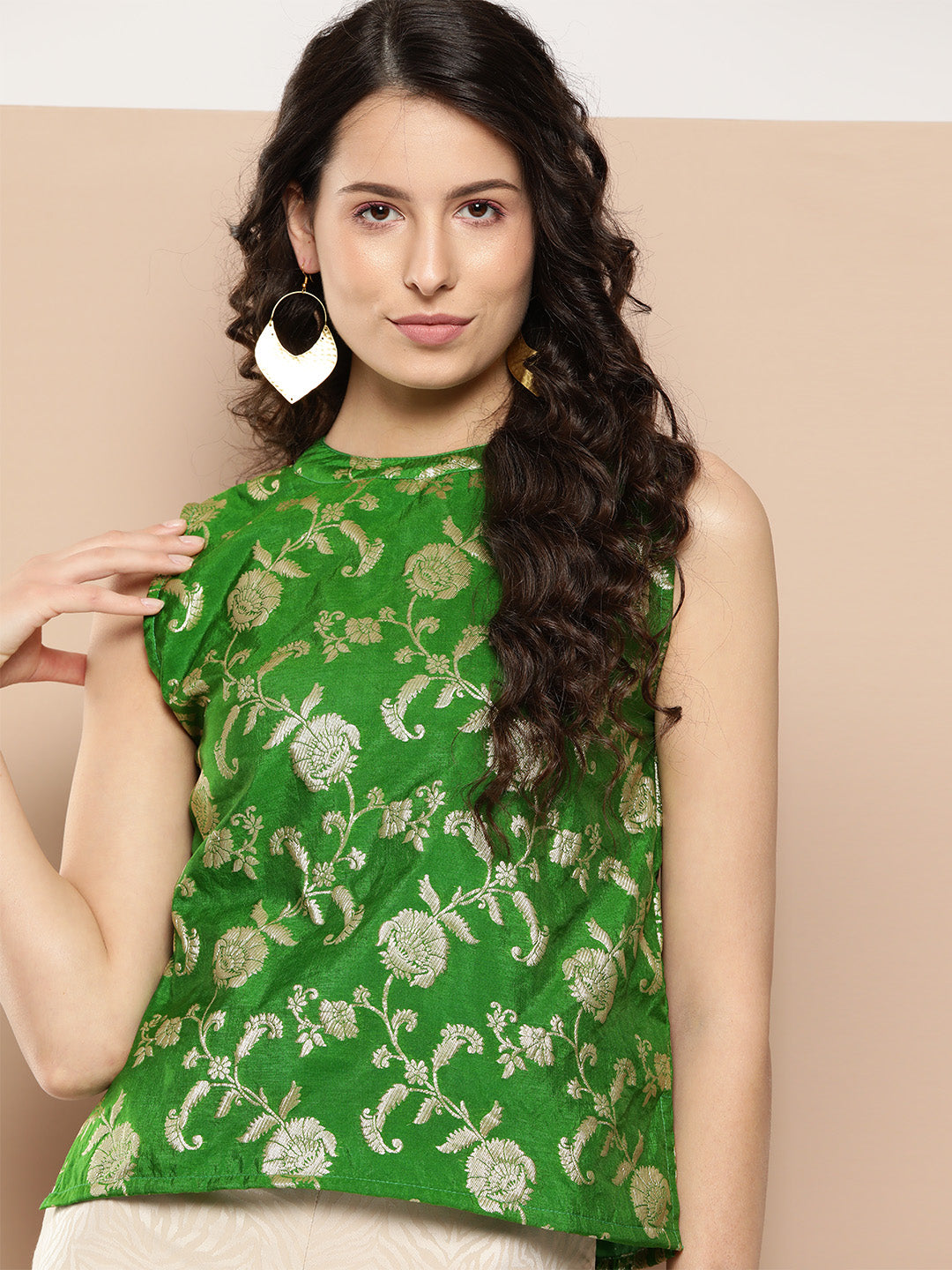 InWeave Women's Green Brocade Halter Top | Grocsy