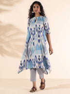 trueBrowns Blue Cotton Ikat Flared Kurta Pant Set | Grocsy