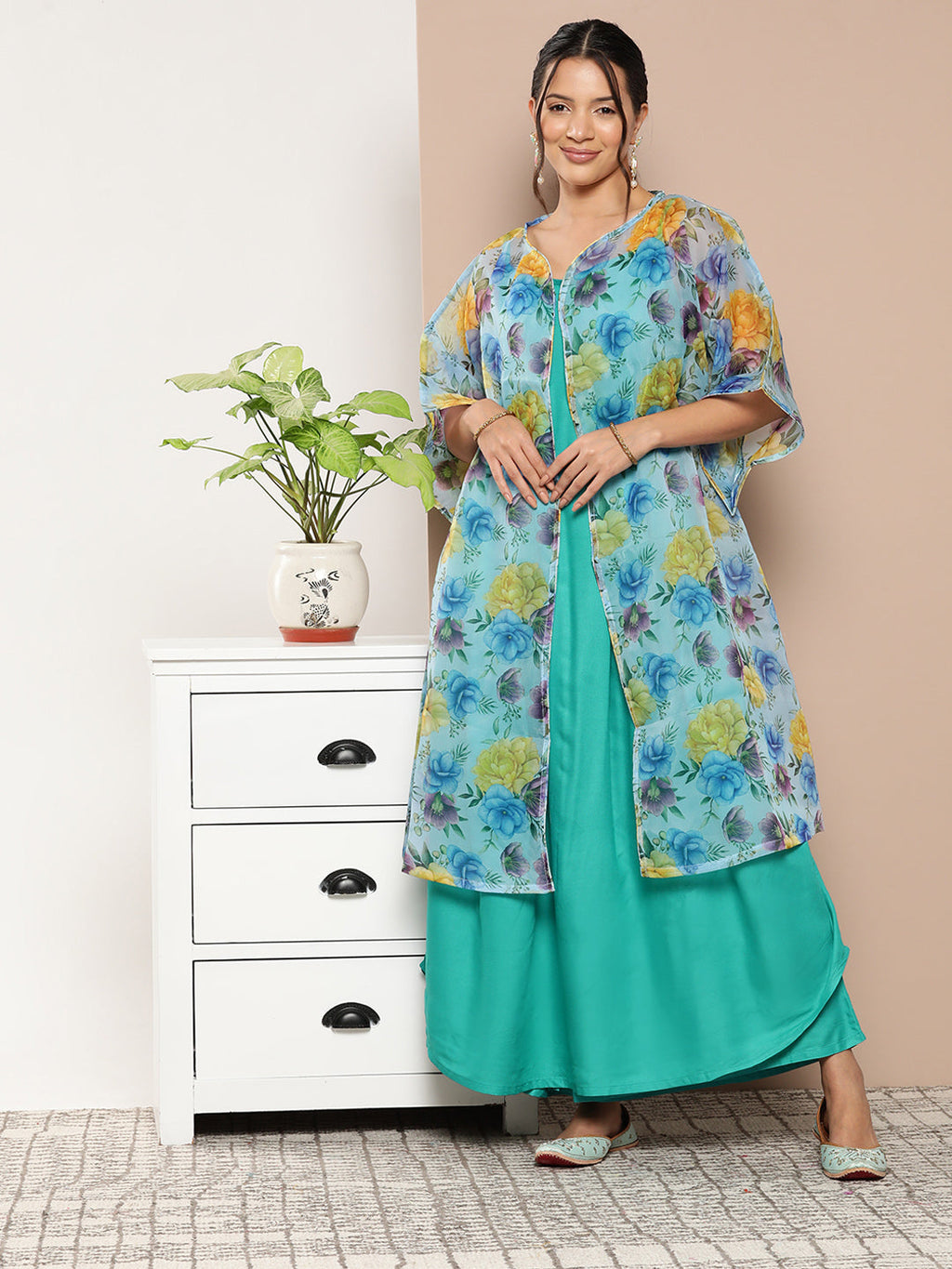 InWeave Women's Teal Blue Strappy Set With Blue Yellow Floral Cape | Grocsy