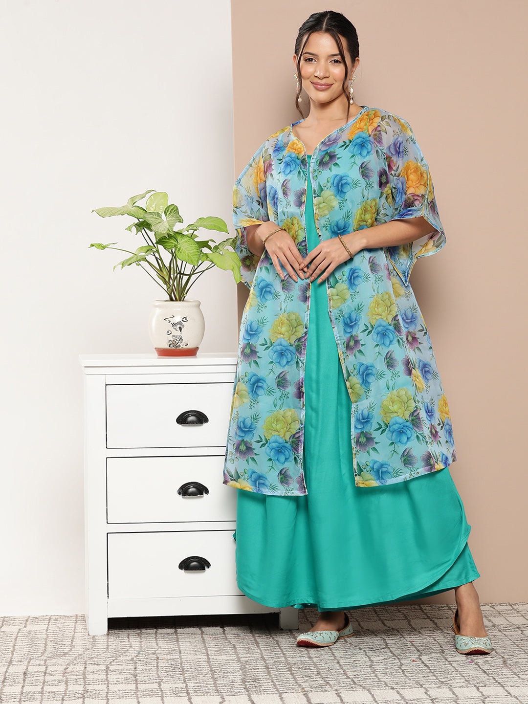 InWeave Women's Teal Blue Strappy Set With Blue Yellow Floral Cape | Grocsy